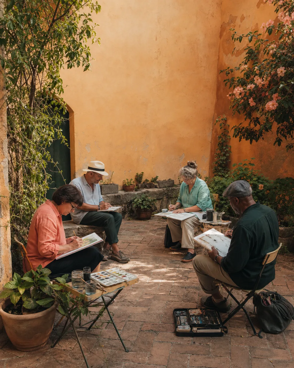 Adult art group painting together outdoors