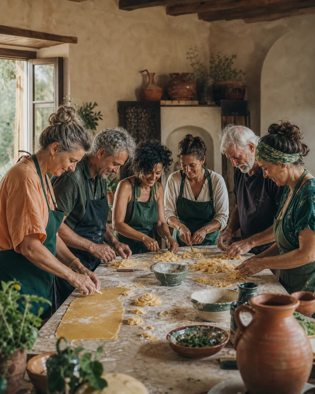 Culinary group learning together around a rustic table