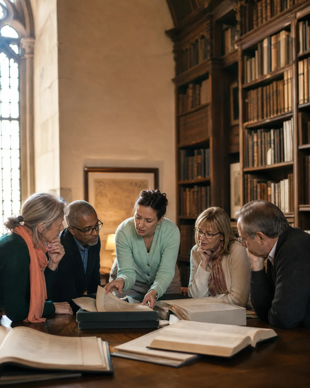 Book group discussing history in a European library