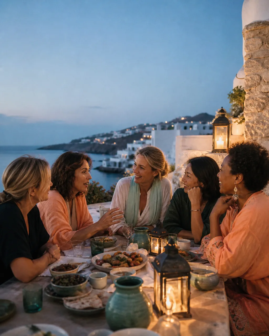 Mid-life women sharing a joyful trip in a Mediterranean town