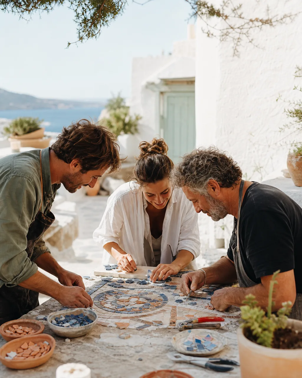 Art group painting in a Greek island village