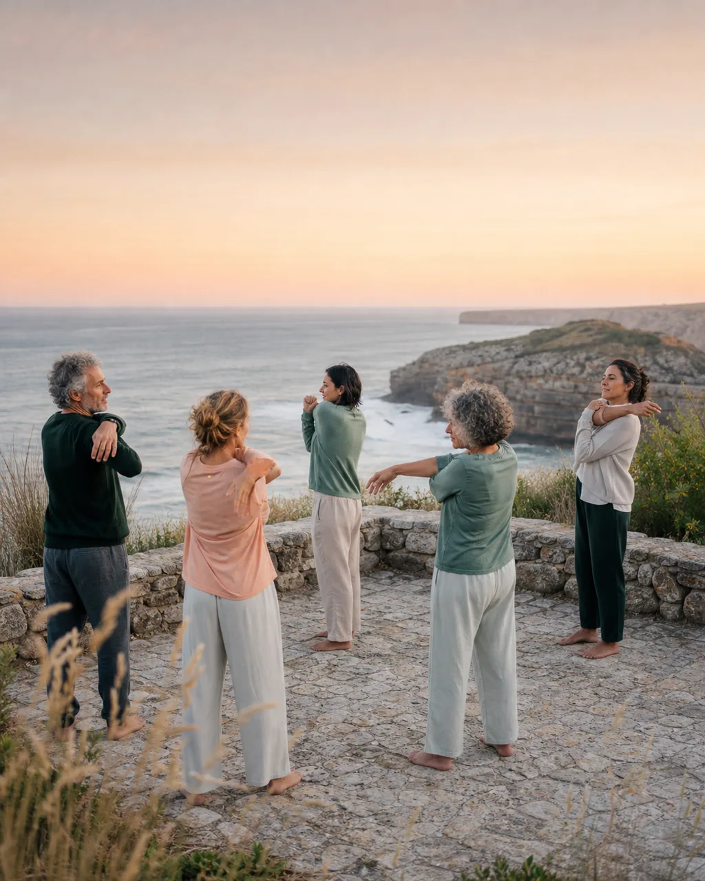 Wellness group practicing yoga beside the sea