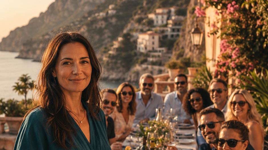 A host stands at the head of a long Mediterranean cliffside dinner table, her group of guests seated together behind her at golden hour.